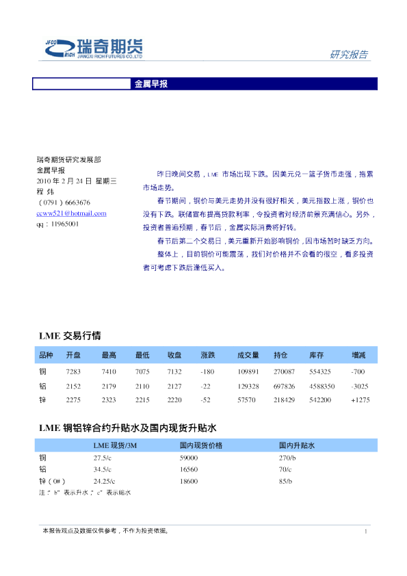 瑞奇期货金属早报
