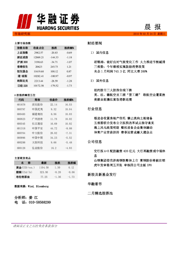 华融证券每日晨报