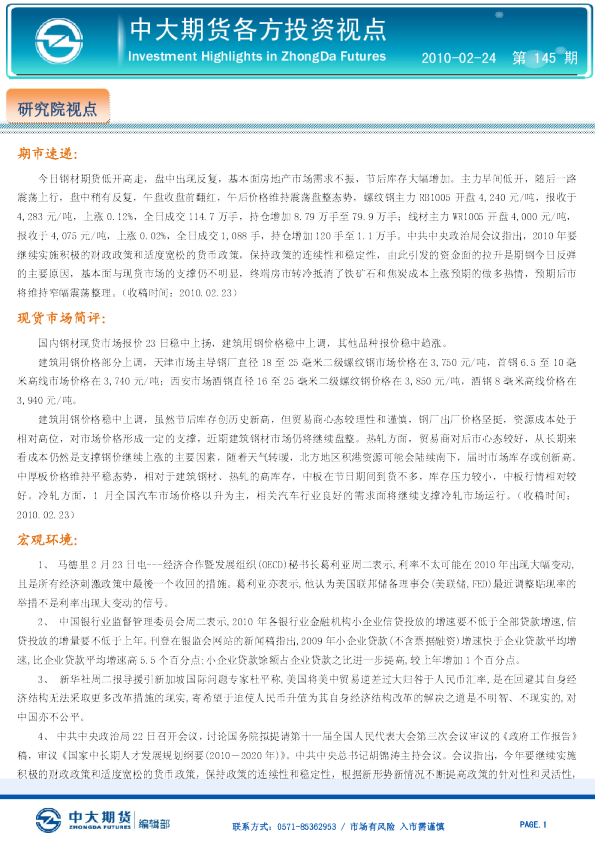 中大期货各方投资视点