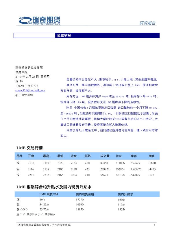 瑞奇期货金属早报