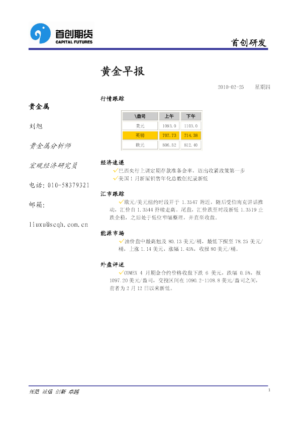 首创期货黄金早报