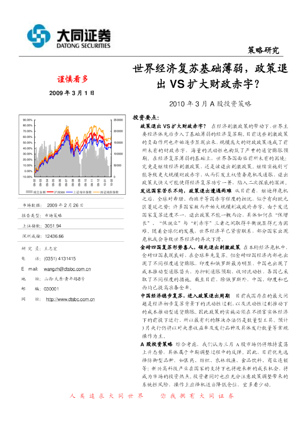 2010年3月a股投资策略：世界经济复苏基础薄弱,政策退出VS扩大财政赤字?