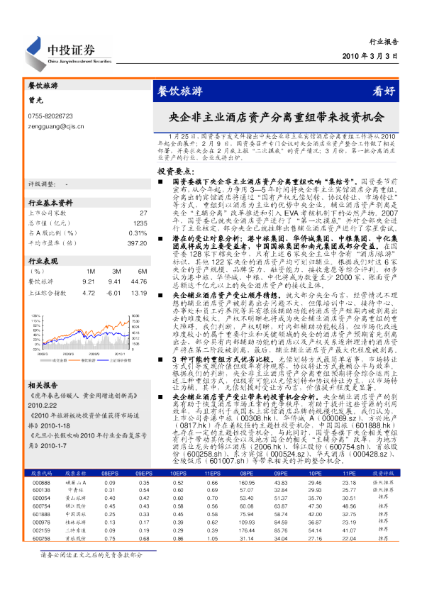 餐饮旅游：央企非主业酒店资产分离重组带来投资机会