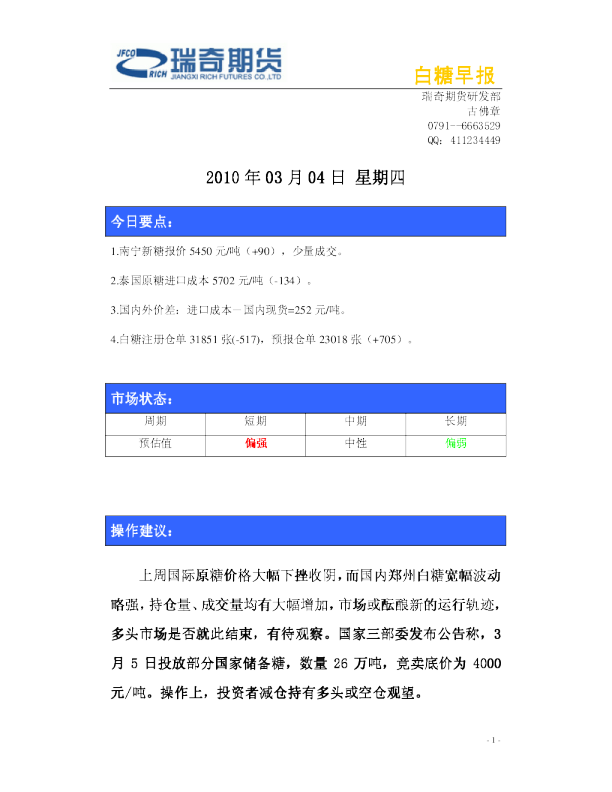 瑞奇期货白糖早报