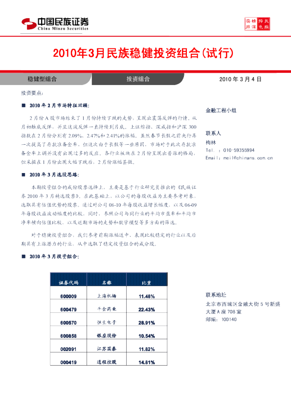 2010年3月民族稳健投资组合(试行)