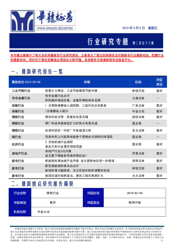 华龙证券行业研究专题
