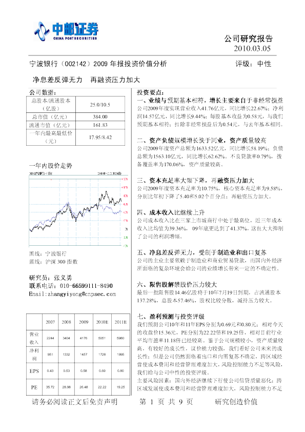 2009年报投资价值分析：净息差反弹无力,再融资压力加大