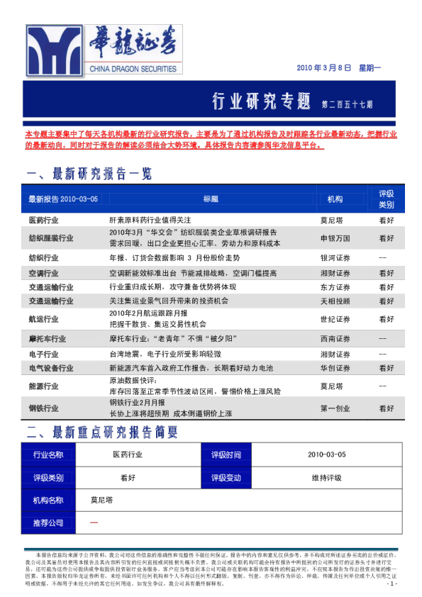 华龙证券行业研究专题