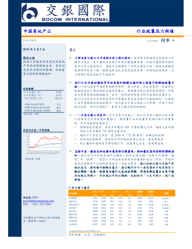 房地产业：行业政策压力稍缓