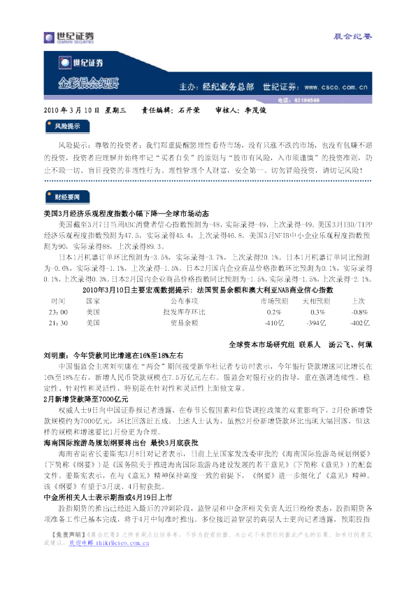 世纪证券金彩晨会纪要