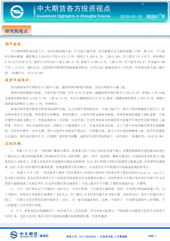 中大期货各方投资视点