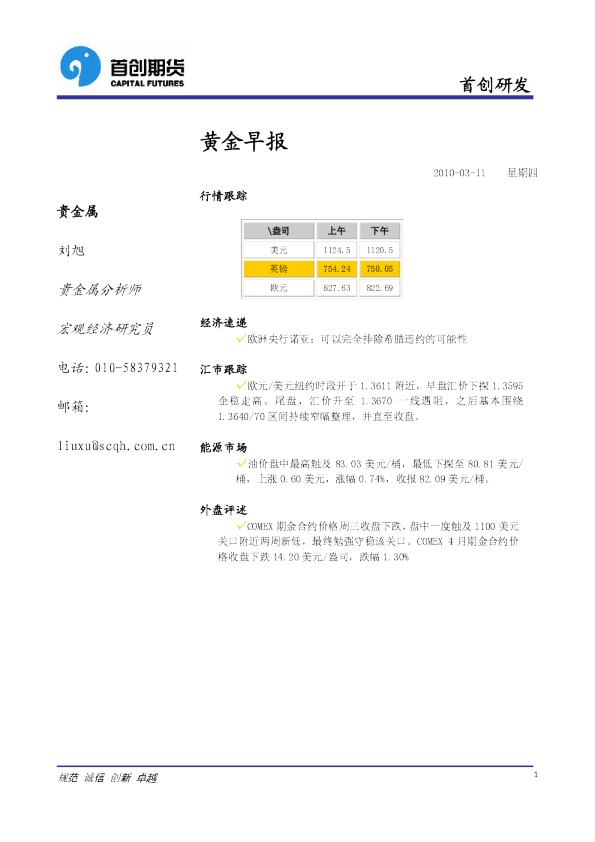 首创期货黄金早报