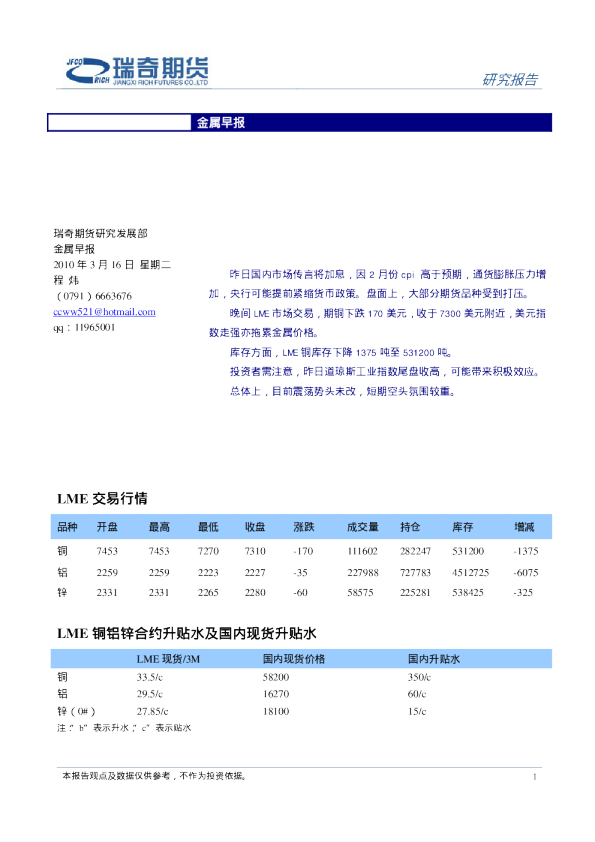 瑞奇期货金属早报