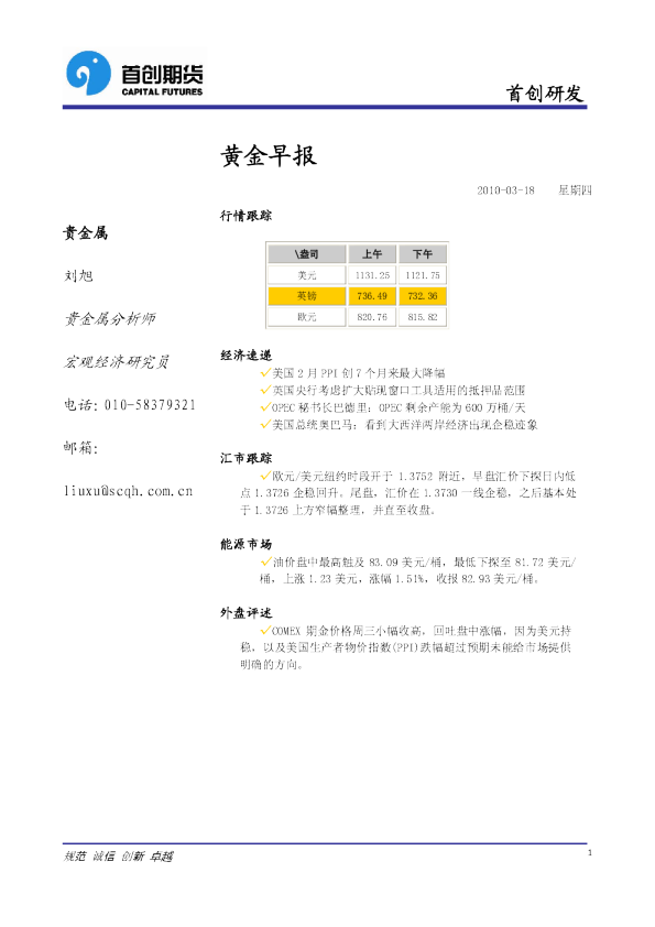 首创期货黄金早报