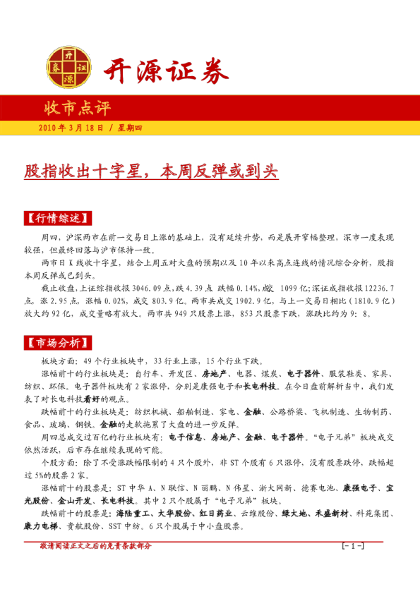 开源证券收市点评