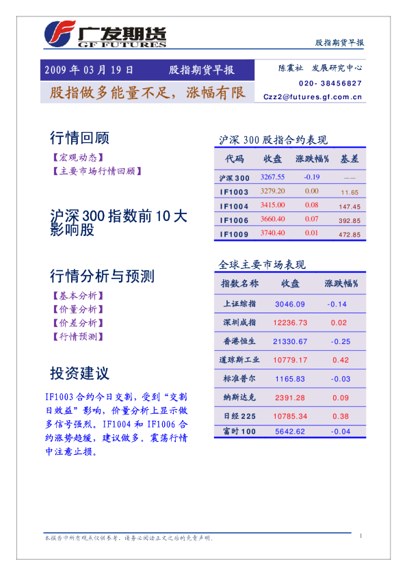 广发期货股指期货早报