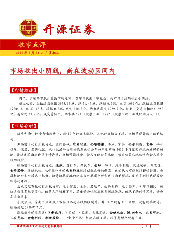 开源证券收市点评