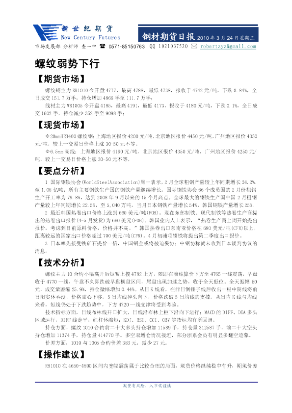 新世纪期货钢材期货日报