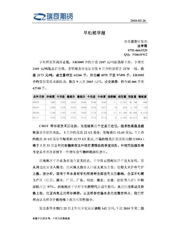瑞奇期货早籼稻早报