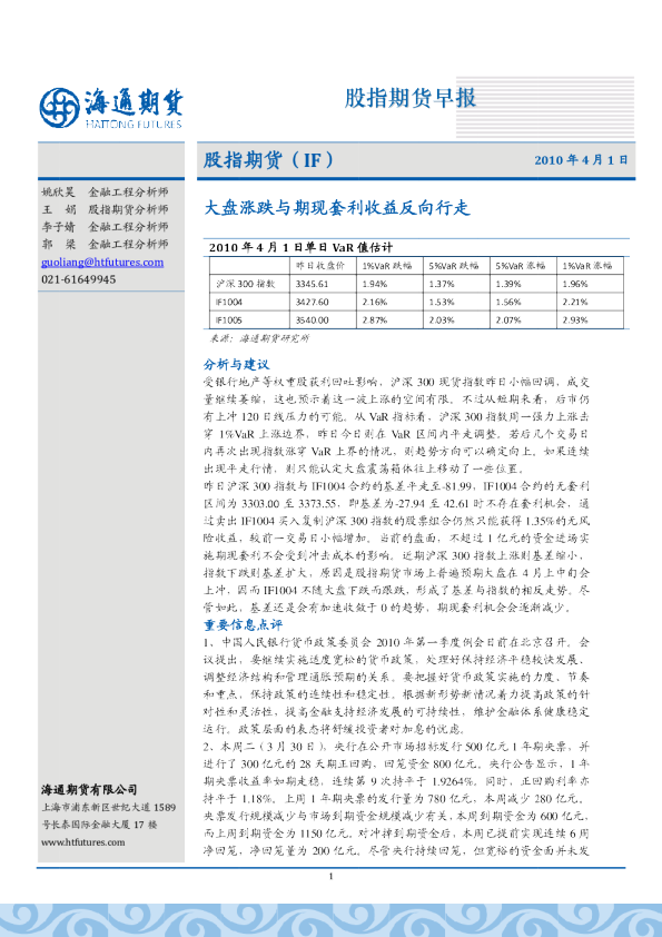 股指期货：大盘涨跌与期现套利收益反向行走