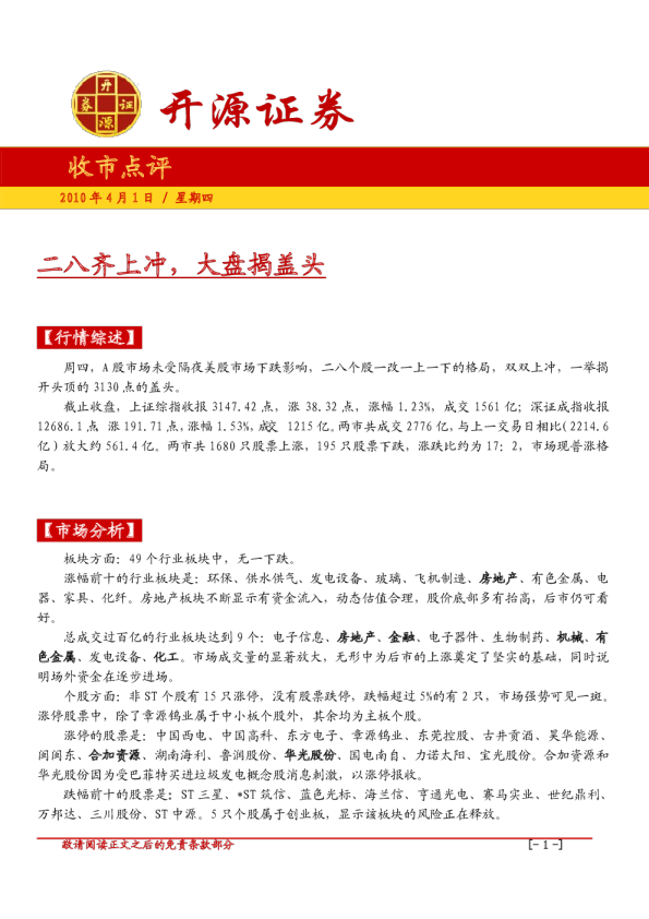 收市点评：二八齐上冲,大盘揭盖头