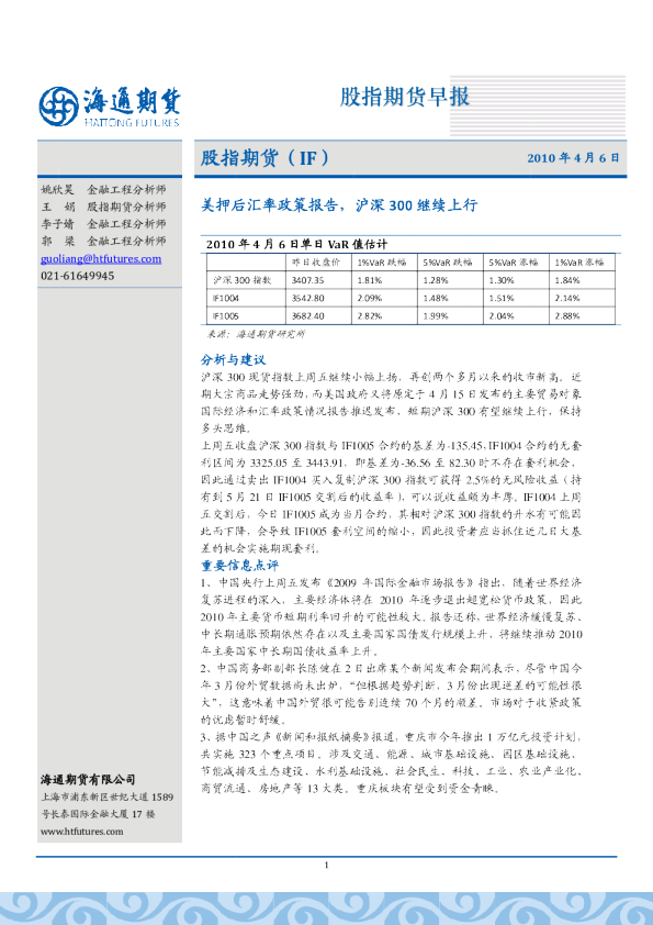 股指期货：美押后汇率政策报告,沪深300继续上行