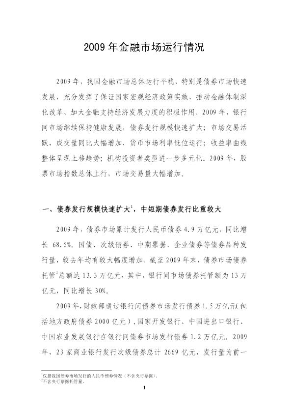 2009年金融市场运行情况