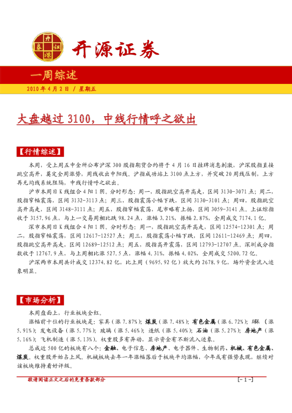 一周综述：大盘越过3100,中线行情呼之欲出