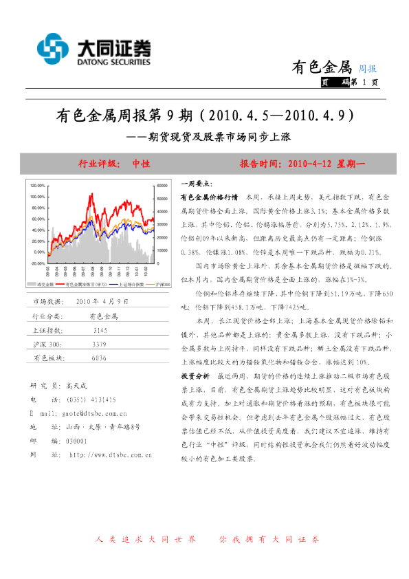 有色金属周报：期货现货及股票市场同步上涨