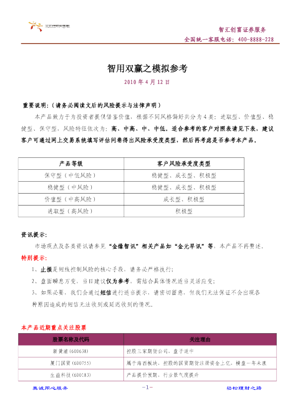 金元证券智用双赢之模拟参考