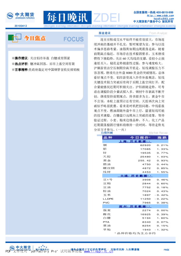 中大期货每日晚讯专业版