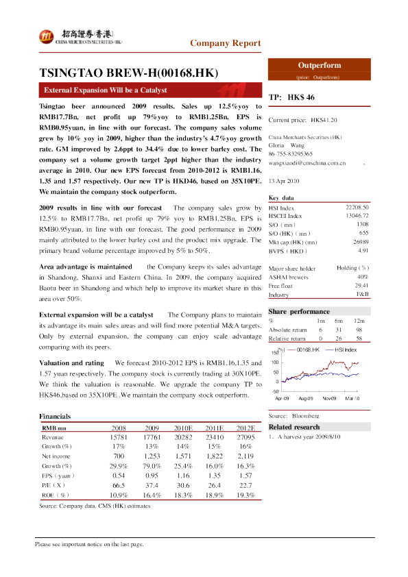 青岛啤酒(00168)：2010年期待外延式扩张