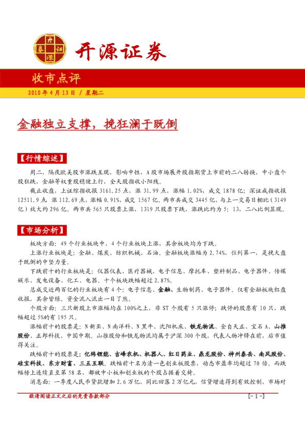 开源证券收市点评
