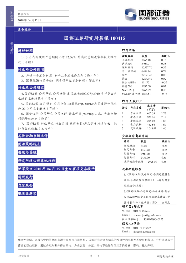 国都证券研究所晨报