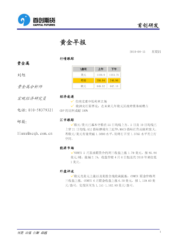 首创期货黄金早报