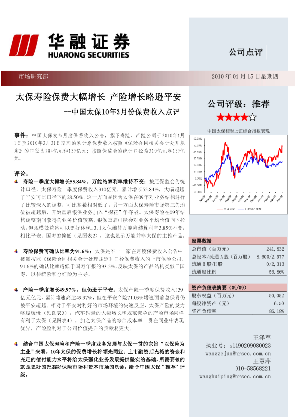 10年3月份保费收入点评：太保寿险保费大幅增长,产险增长略逊平安