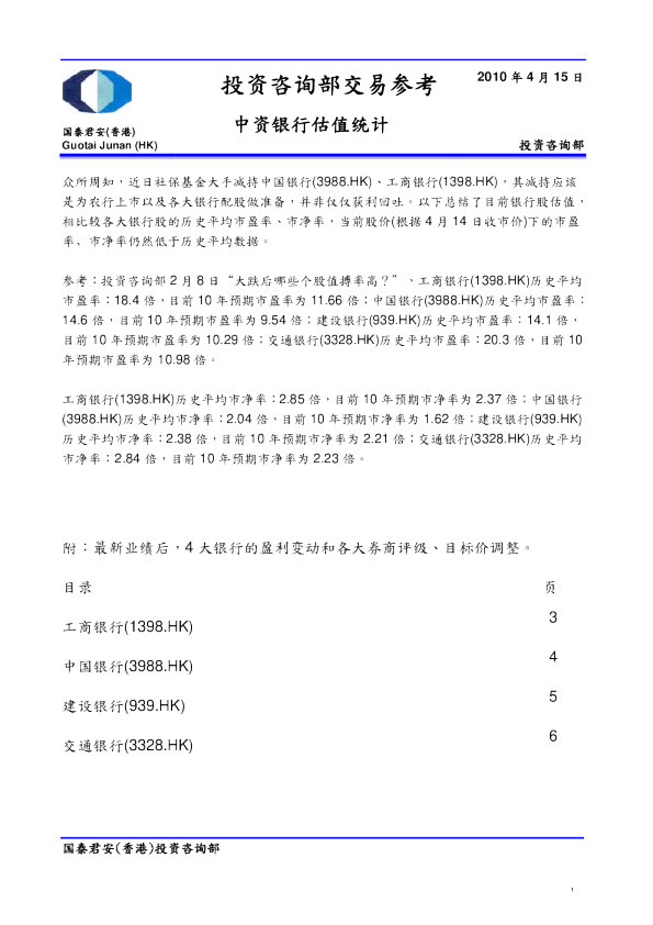 投资咨询部 中资银行估值统计