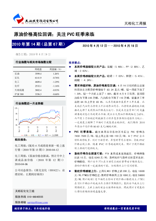 化工周报：原油价格高位回调;关注PVC 旺季来临
