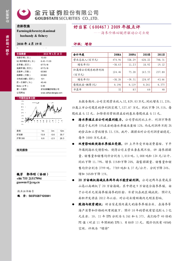 09年报点评：海参价格回暖将驱动公司业绩
