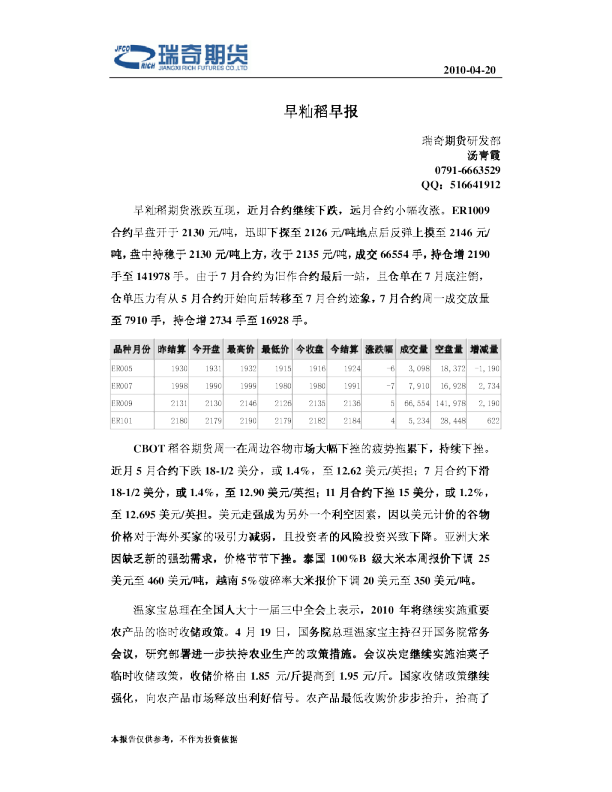 瑞奇期货早籼稻早报