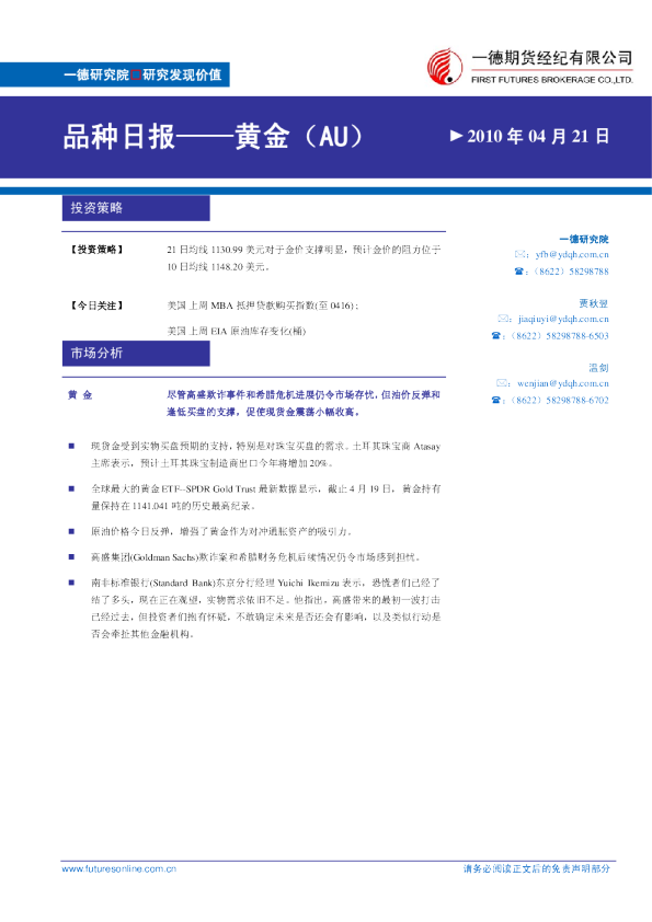 黄金：21日均线支撑明显,阻力位于10均线处