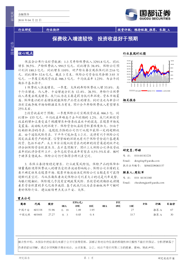 保险行业：保费收入增速较快,投资收益好于预期