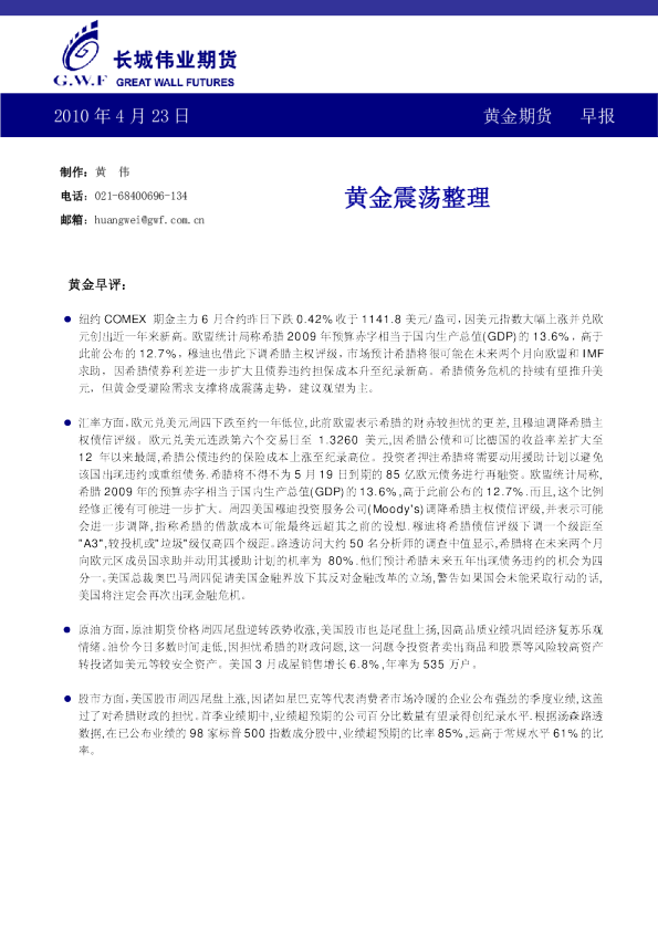 黄金期货早报：黄金震荡整理