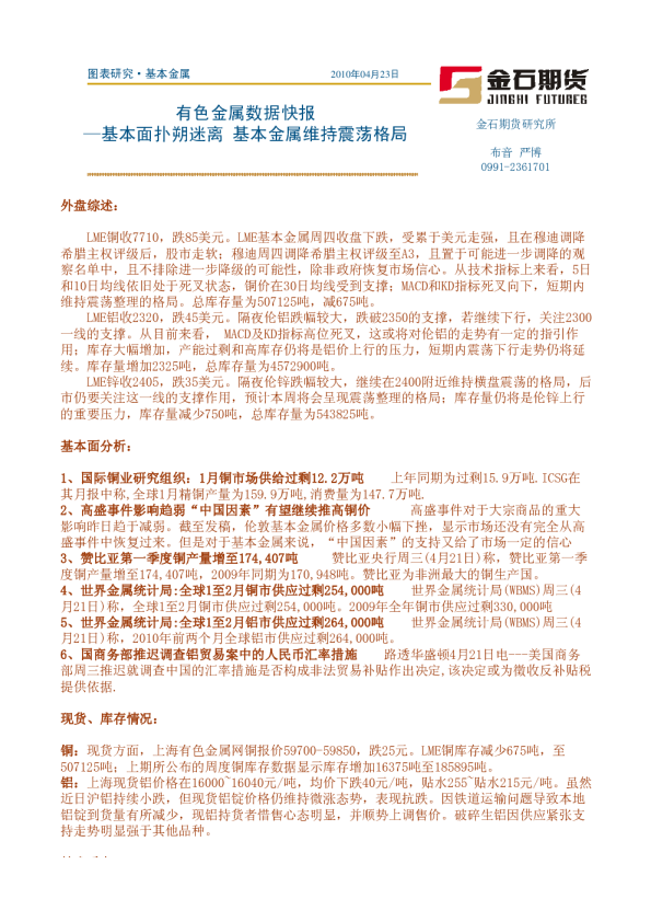 有色金属数据快报：基本面扑朔迷离,基本金属维持震荡格局