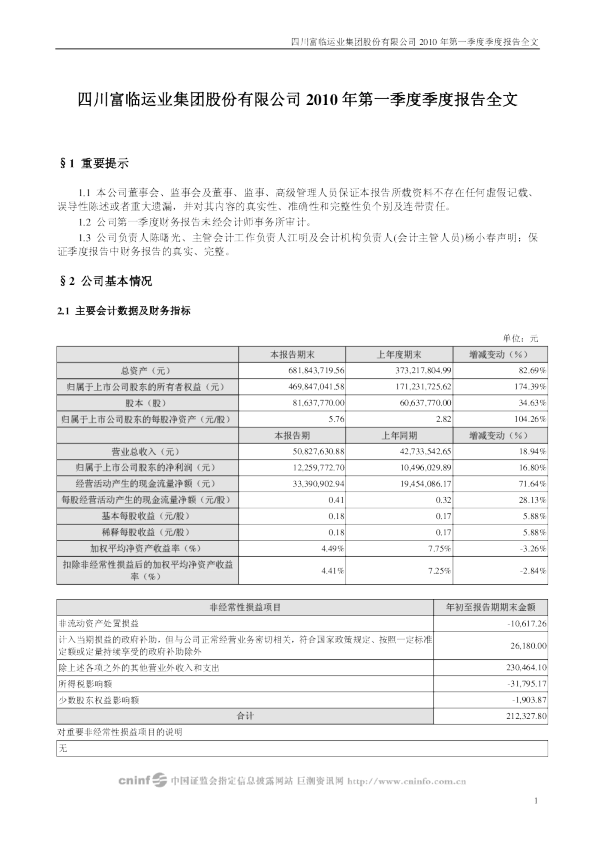 富临运业：2010年第一季度报告全文