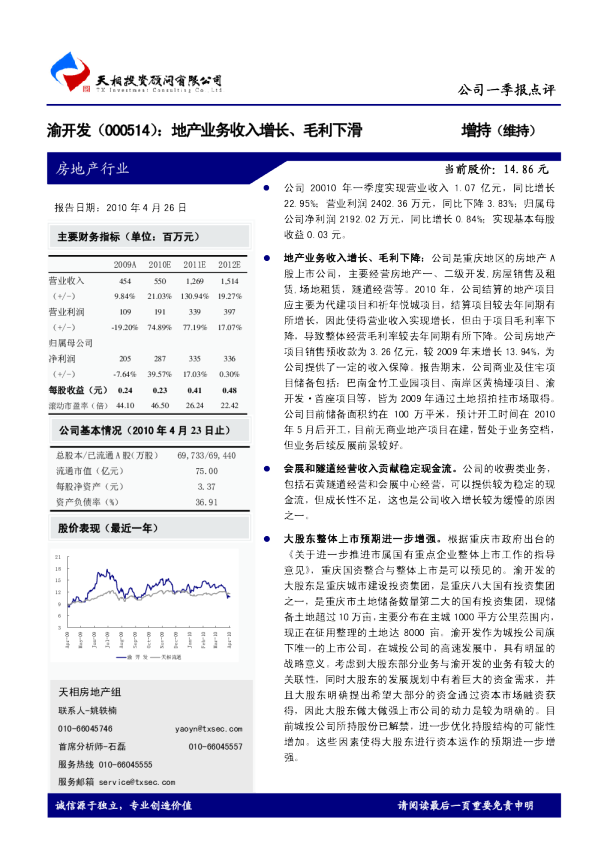 地产业务收入增长、毛利下滑