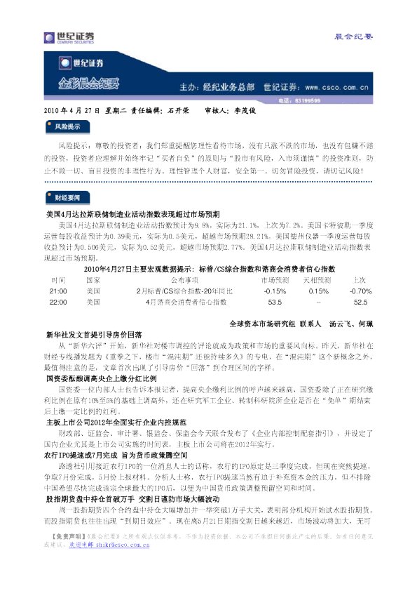 世纪证券金彩晨会纪要
