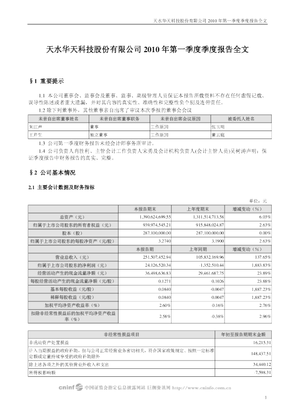 华天科技：2010年第一季度报告全文