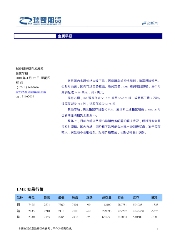 瑞奇期货金属早报