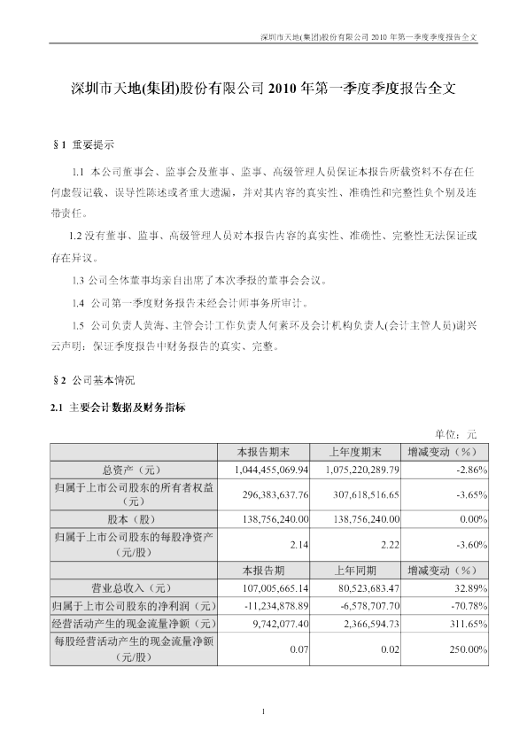 深天地Ａ：2010年第一季度报告全文